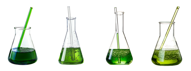 Set of laboratory beakers with bubbling green liquid and stirring rods isolated on a white or transparent background.