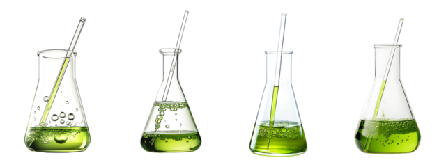 Set of laboratory beakers with bubbling green liquid and stirring rods isolated on a white or transparent background.