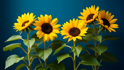 Obraz premium Vibrant Sunflowers in Full Bloom, A Captivating Display of Nature's Beauty Against a Deep Teal Canvas, Radiating Warmth and Joy Through Their Bright Yellow Petals