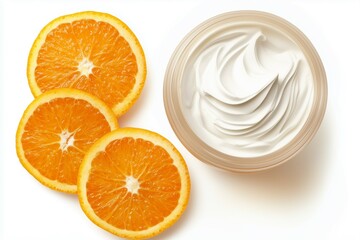 Fresh Orange Slices as Vitamin C Ingredient and Facial Cream in Jar on White Background.