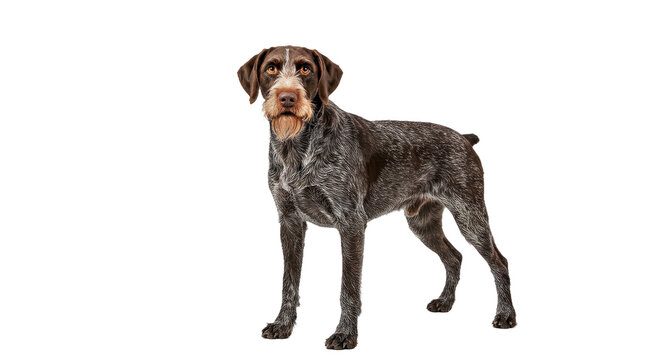 German Wirehaired Pointer Standing Alertly or Classic Stacked Pose White Background