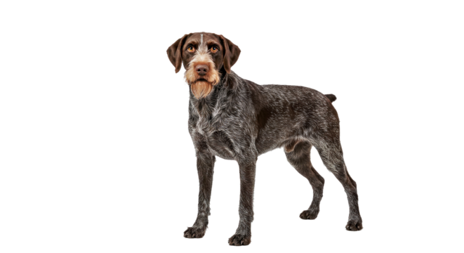 German Wirehaired Pointer Standing Alertly or Classic Stacked Pose White Background