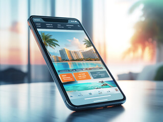 Smartphone displaying a beachfront resort website during sunset