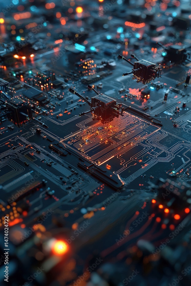 Poster a futuristic battlefield using ai-powered drones with microprocessor precision,transition to micropr