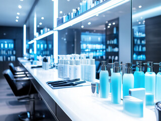 Modern beauty salon with stylish decor and organized products for clients