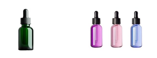 Cosmetic serum bottles in green, pink, purple, blue tones, cut out transparent