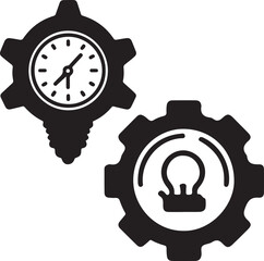 Graphic resource depicting two gears. The gear on the left contains a clock, and the gear on the right contains a lightbulb.