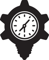 The icon depicts a clock with its face oriented towards the viewer, set inside of a gear shaped object, with a lightbulb shape hanging from the bottom. It is a black and white image