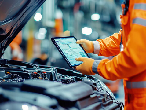 Mechanic using tablet to diagnose vehicle issues in auto repair shop