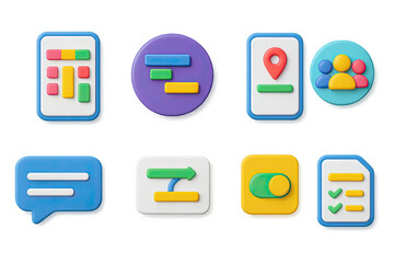 3D icon set of mobile project management: kanban board icon, timeline view badge, milestone marker screen, team assignment bubble, comment thread tag, task dependency card, resource planning toggle,