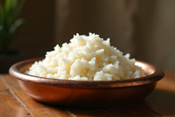 Warm and Inviting Still Life, Plain White Steamed Rice Displayed in a Copper Bowl, Evoking Comfort and Simplicity with a Minimalist Aesthetic