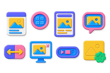 3D icon set of work showcase layout: project thumbnail icon, grid layout badge, case study screen, image gallery bubble, before-after tag, full-screen preview card, slide viewer toggle, featured
