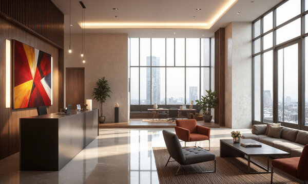 Modern reception area with a metal desk, high-end velvet chairs, and a striking art installation. Warm, soft ambient lighting welcomes guests, with task