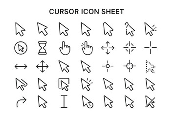 Fototapeta premium Cursor Icon Sheet: A detailed and clean illustration featuring an extensive collection of cursor icons. A versatile resource for design, representing user interface elements and computer interaction.