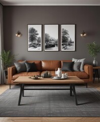 Chic living & dining area  Grey walls display black & white photography above a brown sofa & wooden dining table  Modern elegance ,  chic,  aesthetic,  interior