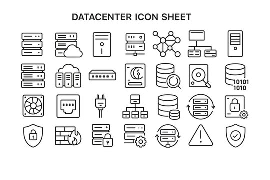 Data Center Icon Sheet: A comprehensive icon sheet presents essential elements of a data center, including servers, networking components, and security features. The clear.