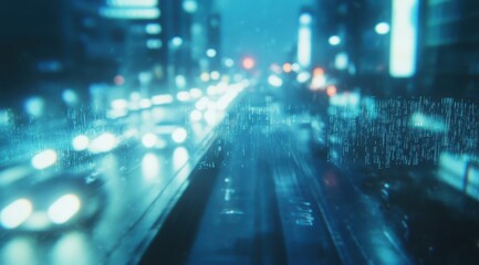 Futuristic city street at night, blurred motion effect, overlayed with digital data