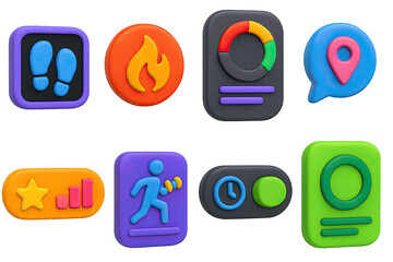 3D icon set of activity tracking: step counter icon, calorie burn badge, distance traveled bubble, movement goal screen, fitness streak tag, workout session card, hourly activity toggle, active