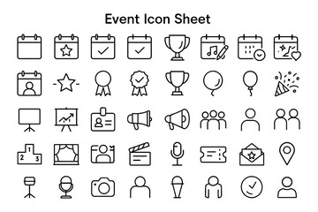 Event Icon Sheet: A comprehensive icon sheet presents a variety of event-related symbols and elements, offering a versatile toolkit for design projects.