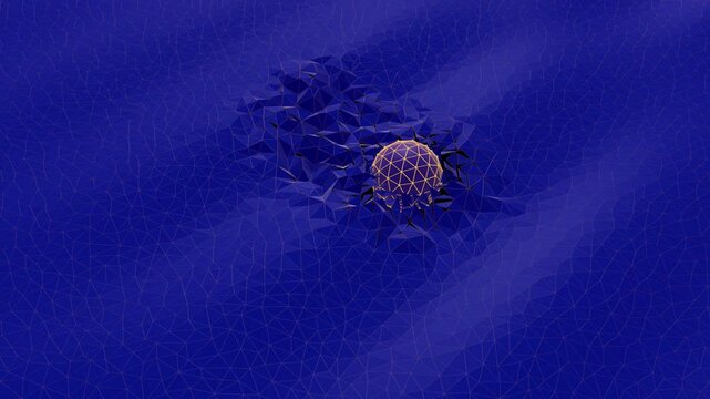 3D lattice sphere in motion breaking poligonal wavy surface in cyberspace. Futuristic concept for technology or science visualisation. 3D rendering.