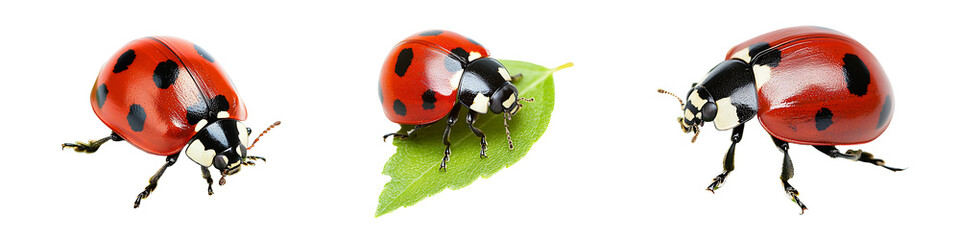 Collection of vibrant red ladybugs with black spots resting on leaves isolated on a white or transparent background.