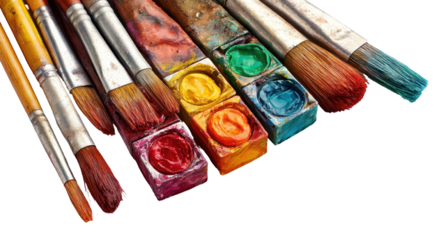 Colorful paintbrushes and paint palettes ready. transparent background
