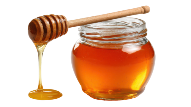 Delicious honey in a jar with dipper. transparent background