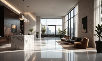 Fototapeta premium Corporate reception area with a marble desk, velvet chairs, and contemporary pendant lighting. Task lighting focuses on the reception area, while ambient lighting