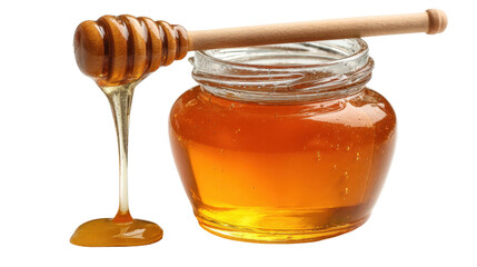 Golden honey dripping from a glass jar. transparent background