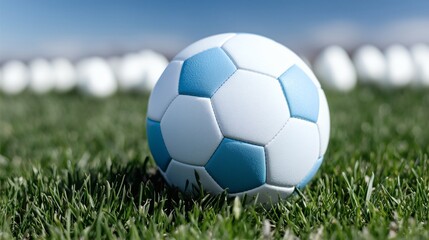 Fototapeta premium Blue and white soccer ball on field, Football detail with background blur, Sport competition or training theme concept