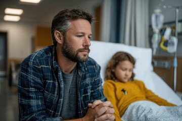 Fototapeta premium Worried Father by Hospital Bed: A Somber, Realistic Portrait