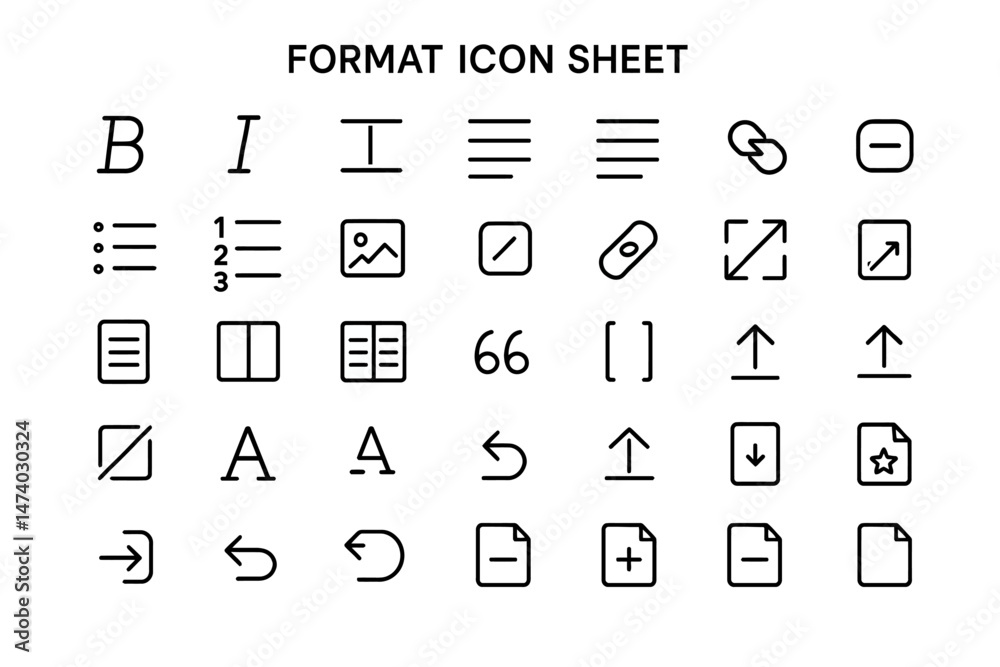 Poster formatting icons: a visually organized sheet of various format icons for digital media, symbolizing 