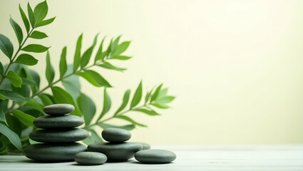 Zen Stones and Lush Greenery, A Minimalist Spa Retreat for Relaxation and Wellness, Symbolizing Balance and Tranquility in a Serene Composition