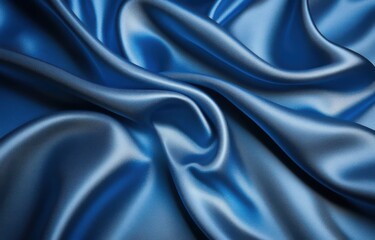 Fototapeta premium A close-up view of luxurious draped, deep blue satin fabric. Its smooth, flowing texture is beautifully captured in a variety of folds and curves
