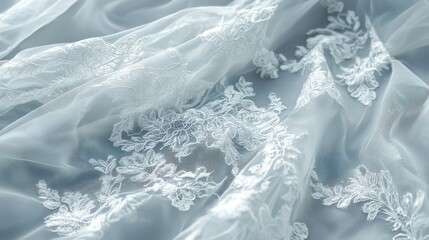 Delicate White Lace Fabric with Floral Embroidery on Light Sheer Textile Background