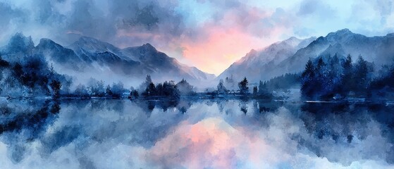 Fototapeta premium Tranquil landscape with mountains and a reflective lake, bathed in soft blue and pink hues at dawn.