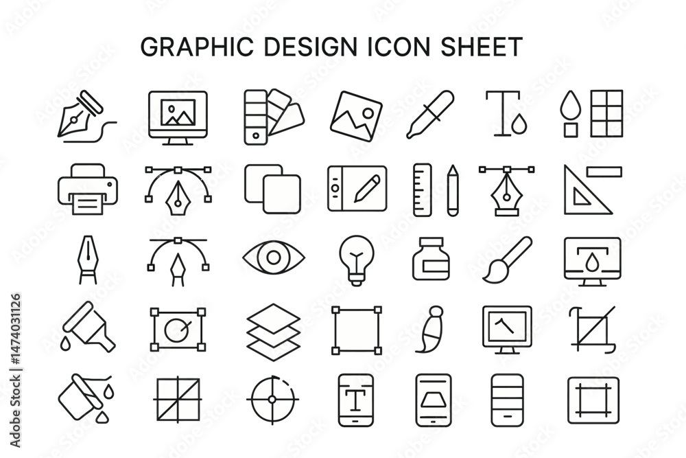 Poster graphic design icon set: a comprehensive collection of line art icons representing various tools and