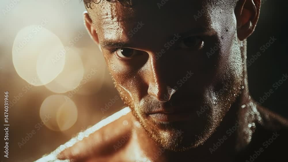 Poster close-up portrait of a man with a wet face, suitable for various stories and scenarios