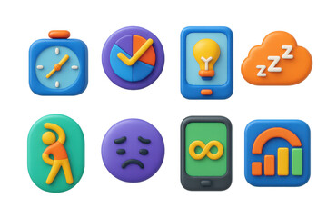 3D icon set of rest and recovery for creators: mini nap timer icon, deep rest planner badge, passive inspiration hour icon, mind-wandering zone, body stretch tracker, mental fatigue signal, creative