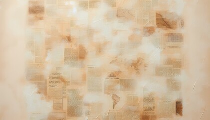 Fototapeta premium Textured, vintage papier mache background in creamy beige color with fragments of old newspapers with space for text. For design, scrapbooking, collages or as an artistic element