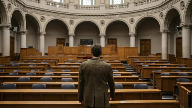 Contemplating Justice: Middle-aged Caucasian Man in Brown Suit Observing Empty Courtroom with Wooden Benches and Arched Architecture