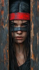Intense portrait of a woman with dark wet hair and face paint, peering through wooden bars, evokes strength and mystery.