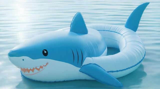 A blue and white inflatable shark floating in the water