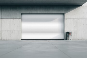 Concrete building exterior with closed roll-up door