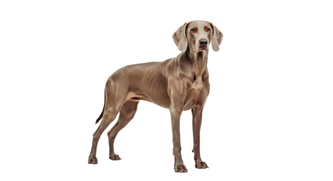 Weimaraner Standing Alertly or Classic Stacked Pose White Background Studio