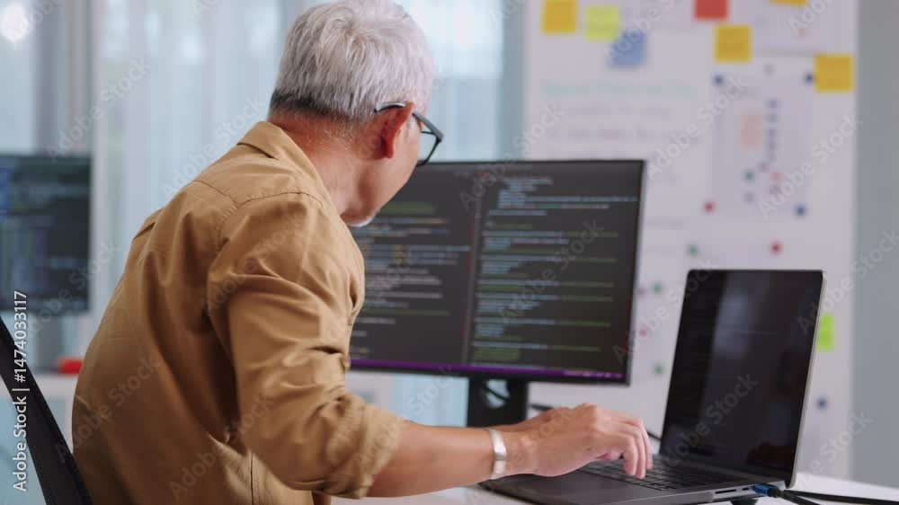 Wall mural developer software programmer computer coding screen working technology engineering monitor at moder