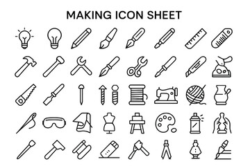 Crafting Icons Collection: A detailed icon sheet featuring a wide range of tools and objects used in crafts and creation. Depicting a variety of instruments used for making.