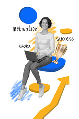 3d retro abstract creative artwork template collage of cheerful smiling lady working modern gadget isolated painting background