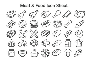 Meat and Food Icon Sheet: A comprehensive set of black and white line icons, illustrating various meats and food items with clean, graphic aesthetics, ideal for culinary and food-related design.