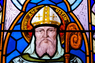 Stained glass (1939) of Saint Augustine of Hippo or Saint Augustin d'Hippone. Saint of the Roman...